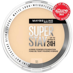 Maybelline Super Stay Hybrid Powder Foundation swatch on skin shows long-wear coverage