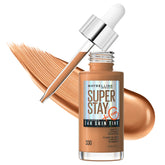 Maybelline Super Stay Skin Tint bottle close-up shows long-wear, weightless coverage.