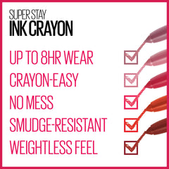 Maybelline SuperStay Ink Crayon on lips in a smooth, comfortable matte shade