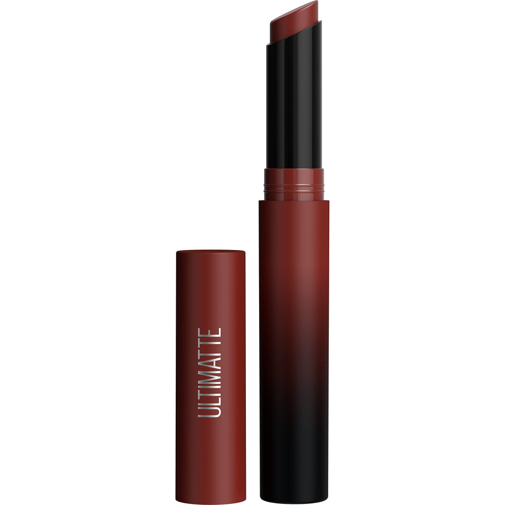 Maybelline Ultimatte Cedar lipstick bullet shows bold color in a slim design.