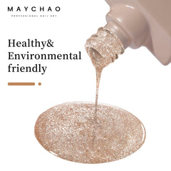 MAYCHAO glitter shimmer gel nail polish highlights nails under LED light for vibrant color.
