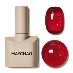 MAYCHAO Jelly Red polish bottle closeup showing rich color and glossy finish for gel nails.