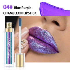 Maydear Chameleon Lipstick metallic finish close-up highlighting day-to-night shine.
