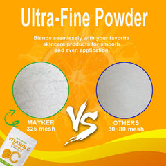 MAYKER pure L-Ascorbic Acid powder label close-up, highlighting non-GMO, filler-free formula.