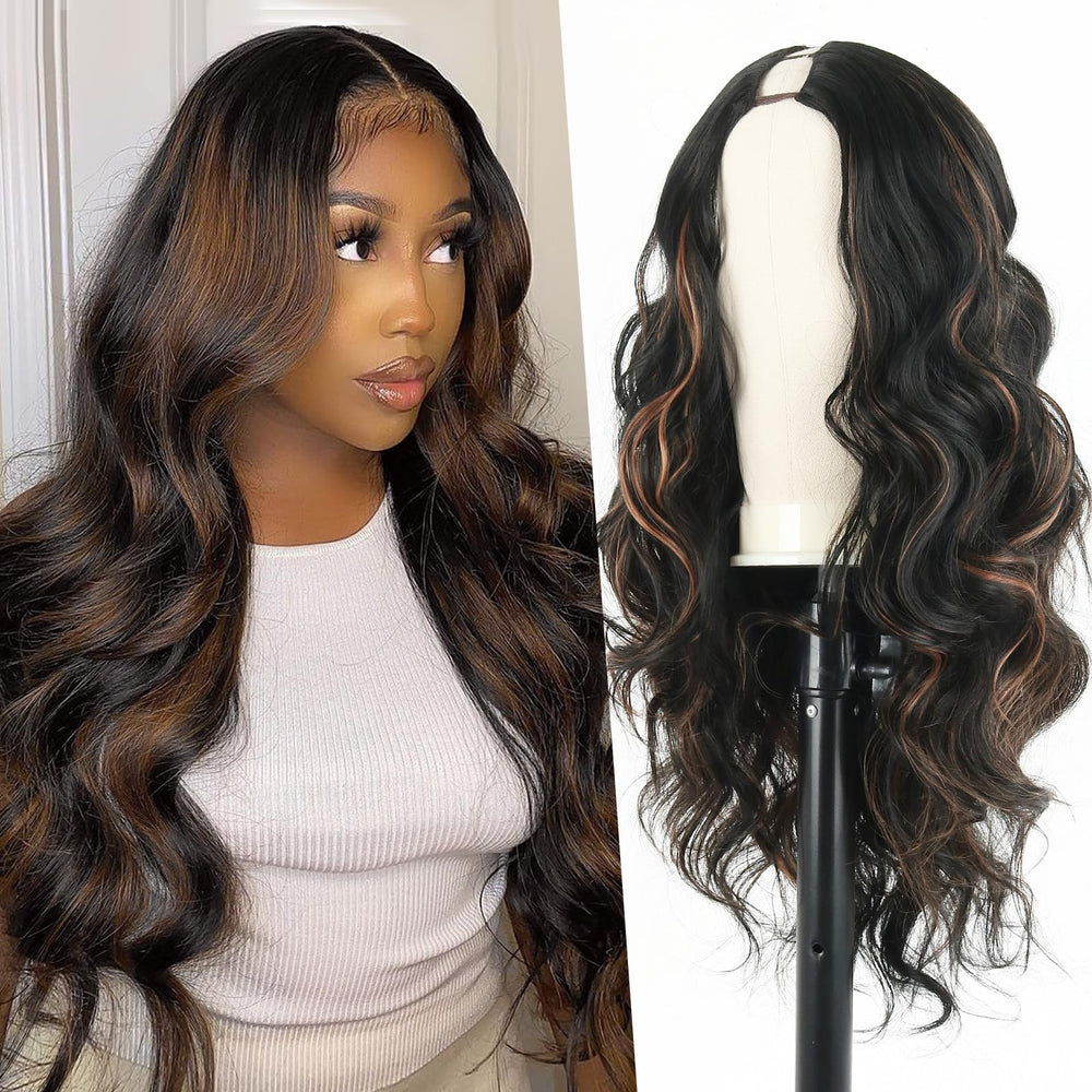 Mayouda Long V-Part Body Wave Wig closeup showing natural hairline and color blend