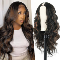Mayouda Long V-Part Body Wave Wig closeup showing natural hairline and color blend