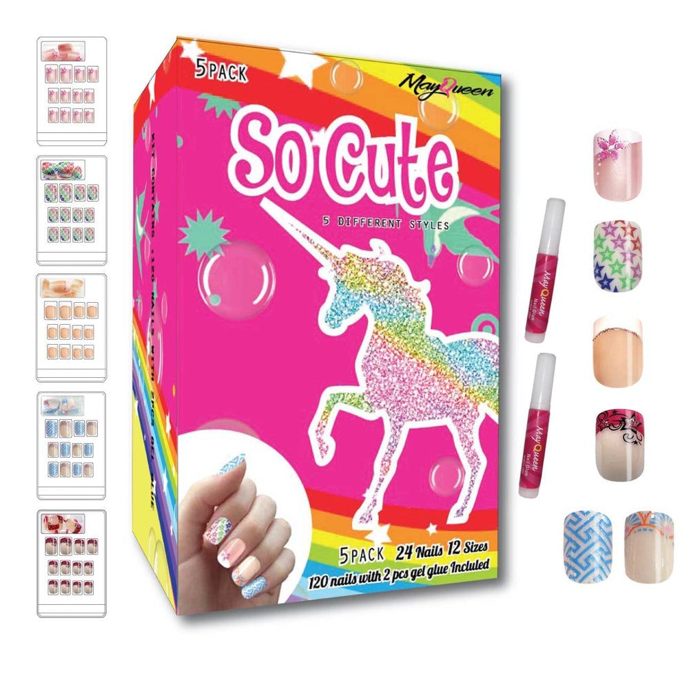 May Queen uñas infantiles prepegadas con diseño variado para juego diario