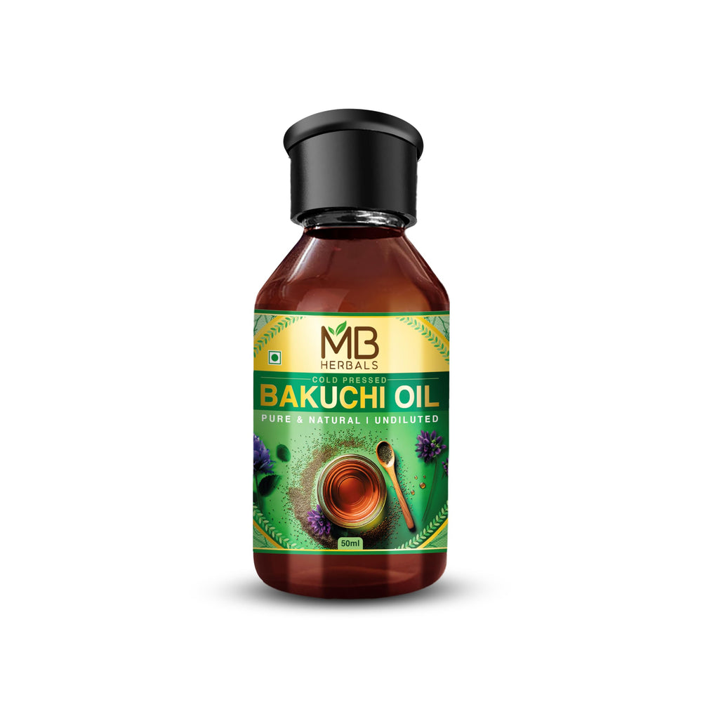 MB Herbals Bakuchi oil bottle—pure, undiluted, ready for external skincare use.