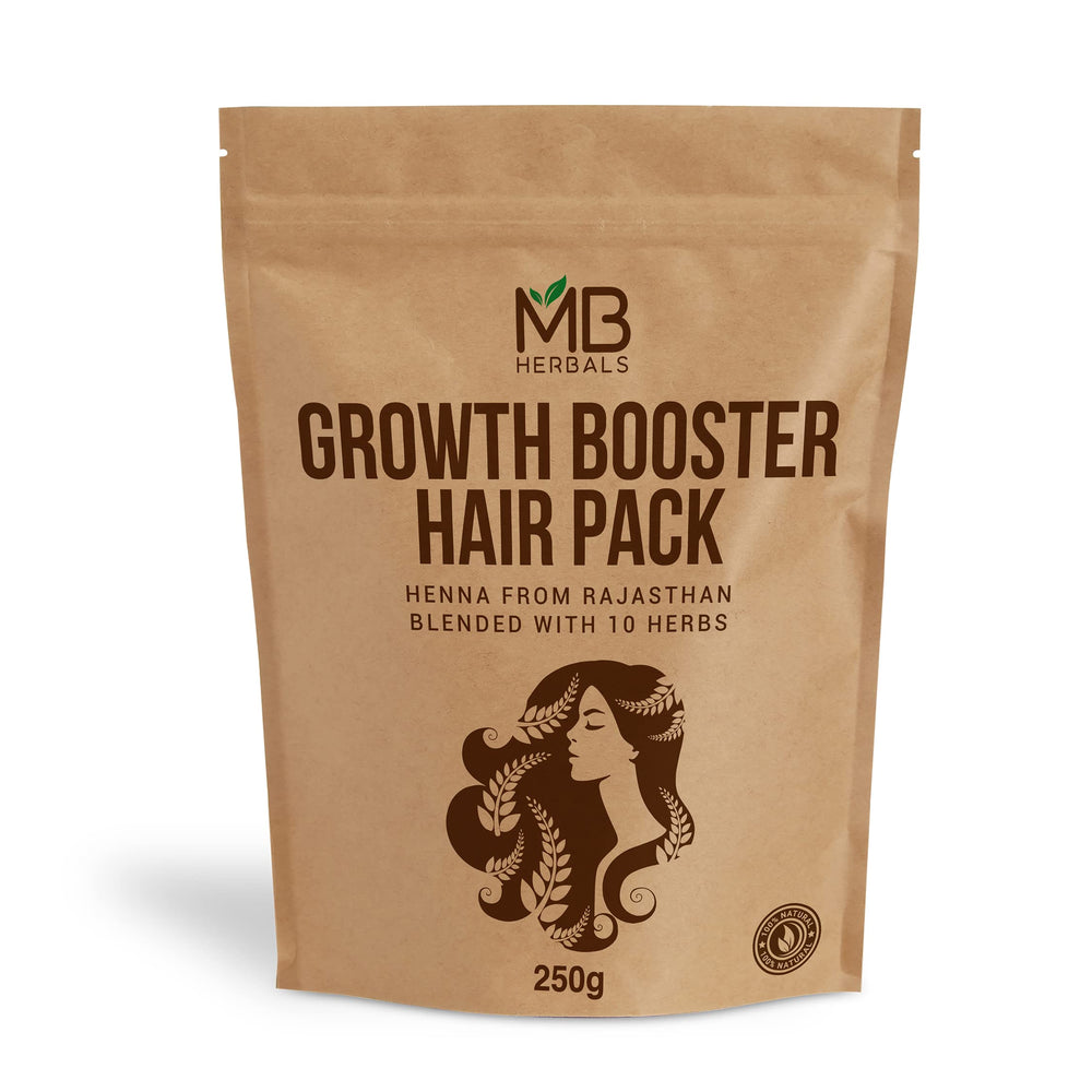 MB Herbals Growth Booster Hair Pack powder being mixed in bowl for nourishing hair care prep.