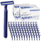 McKesson disposable razor 100-count package shows blue twin blades for bulk clinic use.