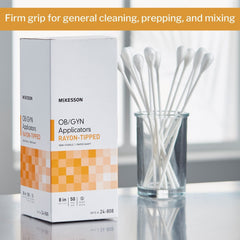 McKesson rayon-tipped applicator close-up highlighting soft rayon tip for sensitive use.