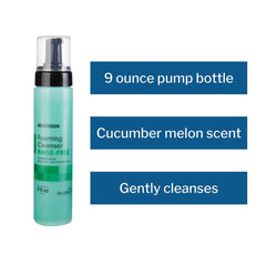 McKesson rinse-free foam cleanser hands-application demonstrates caregiving for sensitive areas.