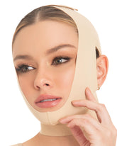 M&D Face Slimming Chin Strap closeup in beige fabric for comfortable post-surgery support.