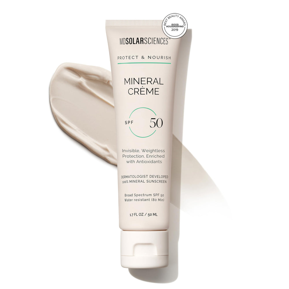MDSolarSciences Mineral Creme Sunscreen SPF50 bottle promotes lightweight daily UV protection.