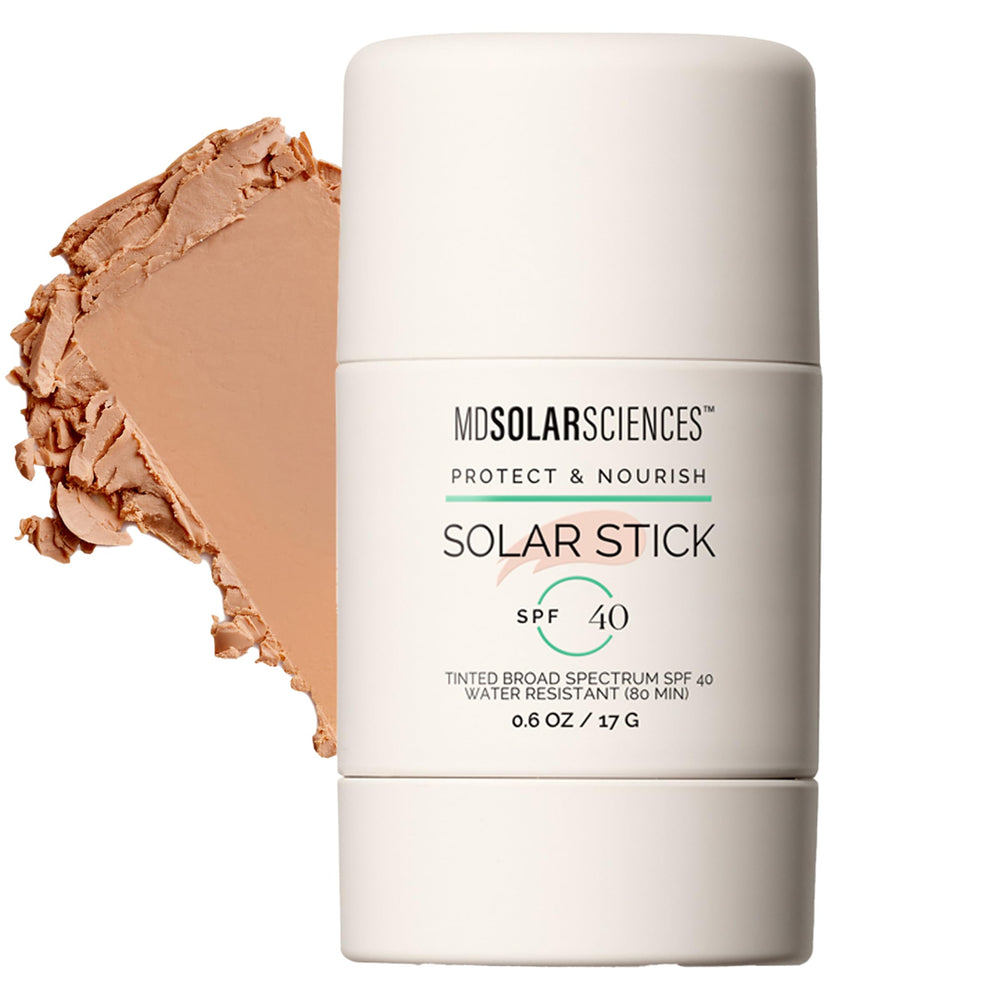 MDSolarSciences tinted solar stick SPF40 packaging shows reef-safe protection.