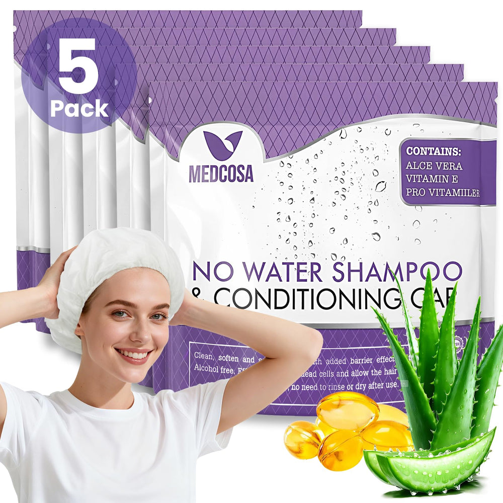 Medcosa shampoo caps no rinse pack closeup shows convenient five pack for easy access.