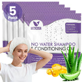 Medcosa shampoo caps no rinse pack closeup shows convenient five pack for easy access.