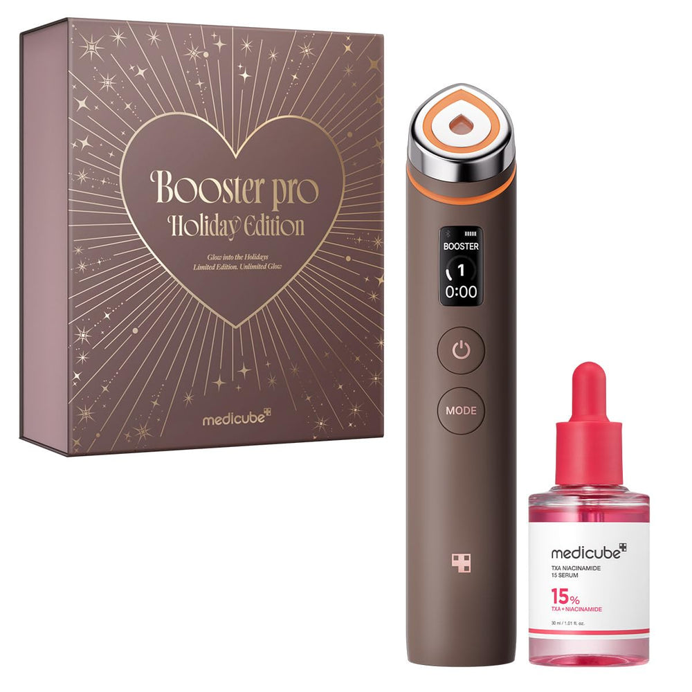 Medicube Booster Pro Holiday Set display shows a gift-ready kit for radiant skin.
