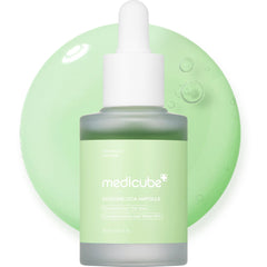 Medicube Exosome Cica Tea Tree Ampoule bottle close-up highlighting soothing, lightweight hydration.