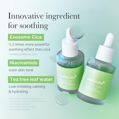 Medicube Exosome Cica Tea Tree Ampoule dispensing close-up illustrates easy AM and PM use.