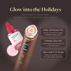 Medicube Mocha Booster Pro device closeup emphasizes advanced absorption for glass-like skin.