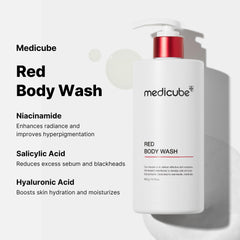 Medicube Red Body Wash bottle with steamy shower scene suggesting refreshing daily use.