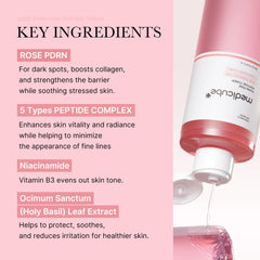 Medicube Rose PDRN ingredient label closeup highlights rose derived renewal ingredients.