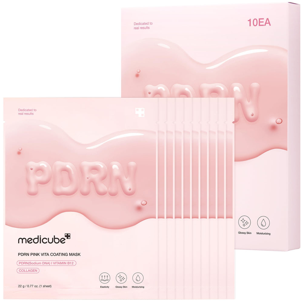 Medicube Salmon DNA PDRN Pink Vita Coating Sheet Mask packaging highlights premium hydration and glow.