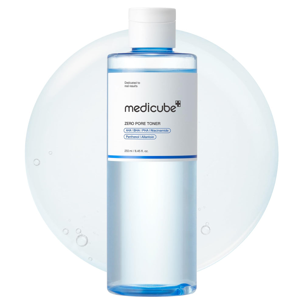 Medicube Zero Pore Toner blue bottle closeup showcases hydrating pore care in action.