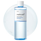 Medicube Zero Pore Toner blue bottle closeup showcases hydrating pore care in action.