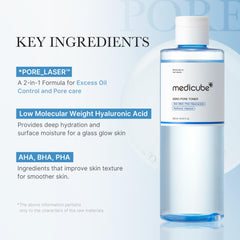 Medicube Zero Pore Toner label detail highlights clean, alcohol-free cooling formula.