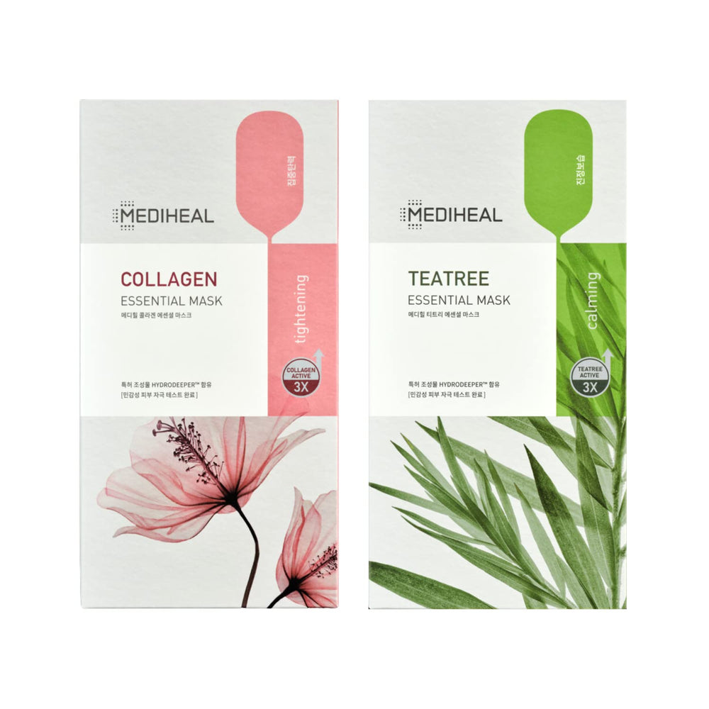 Mediheal collagen-teatree mask packaging shown with eco-friendly materials for sustainable skincare.