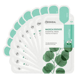 Mediheal Madecassoside essential face mask box shows packaging with 10 sheets for sensitive, hydrated skin
