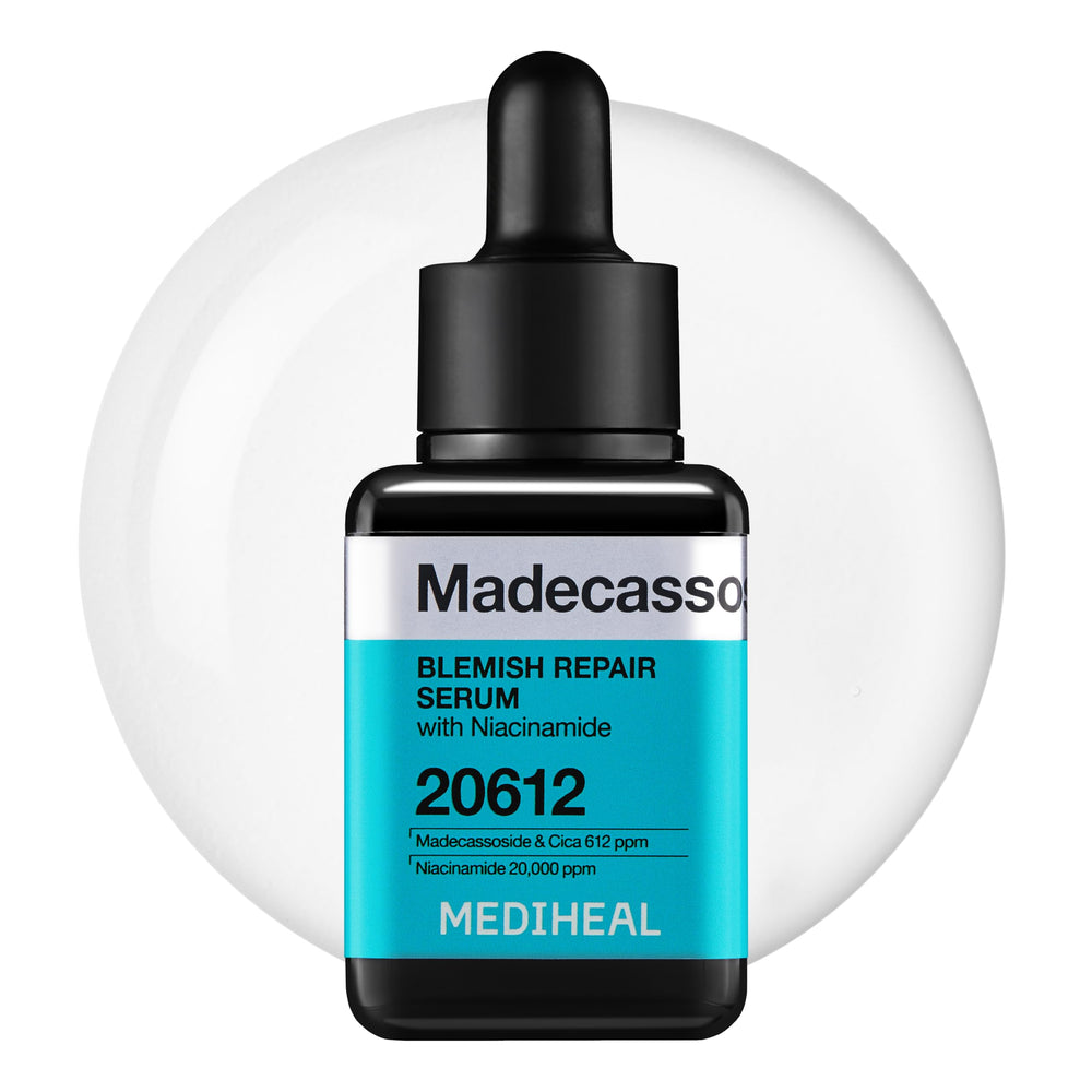 Mediheal Madecassoside Repair Serum bottle close-up for blemish care and soothing routine.