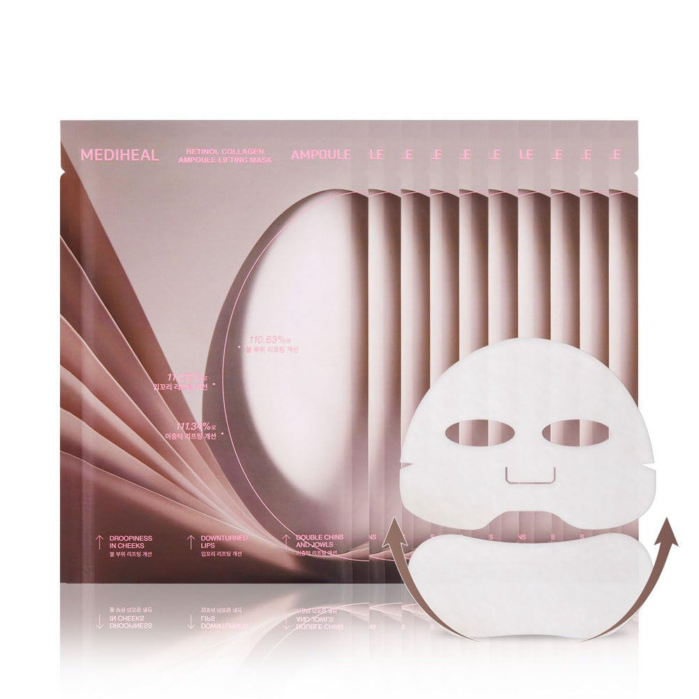 Mediheal retinol collagen ampoule lifting mask applied to V-line area for potential contour support.