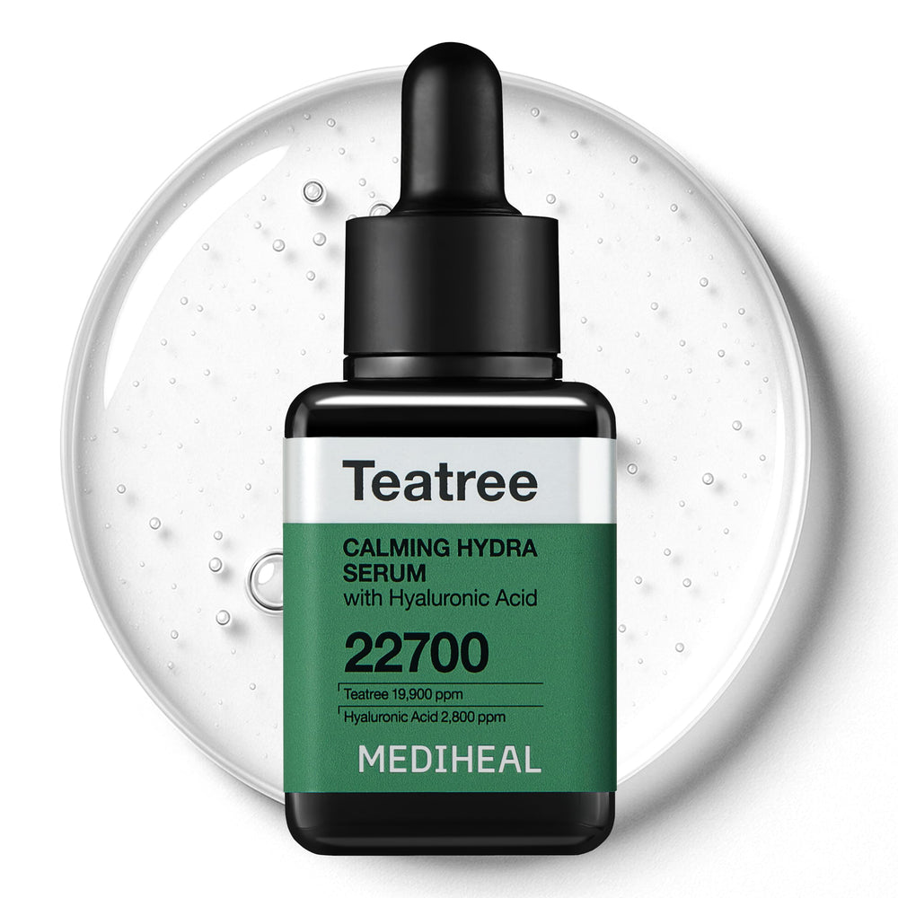Mediheal Teatree Calming Serum bottle showing soothing hydration for irritated skin