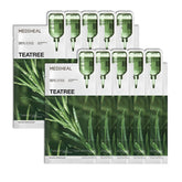 Mediheal Teatree Essential Sheet Mask pack closeup shows vegan hydration promise.