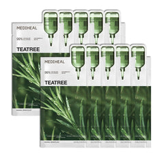 Mediheal Teatree Essential Sheet Mask pack closeup shows vegan hydration promise.