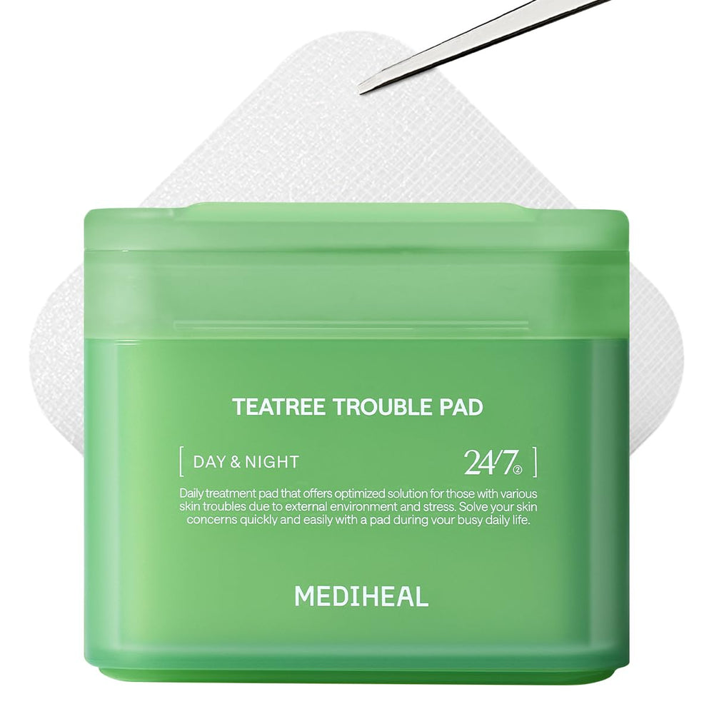Mediheal Teatree Trouble Pad packaging highlights vegan, dermatologist-tested toner for calm, clear skin.