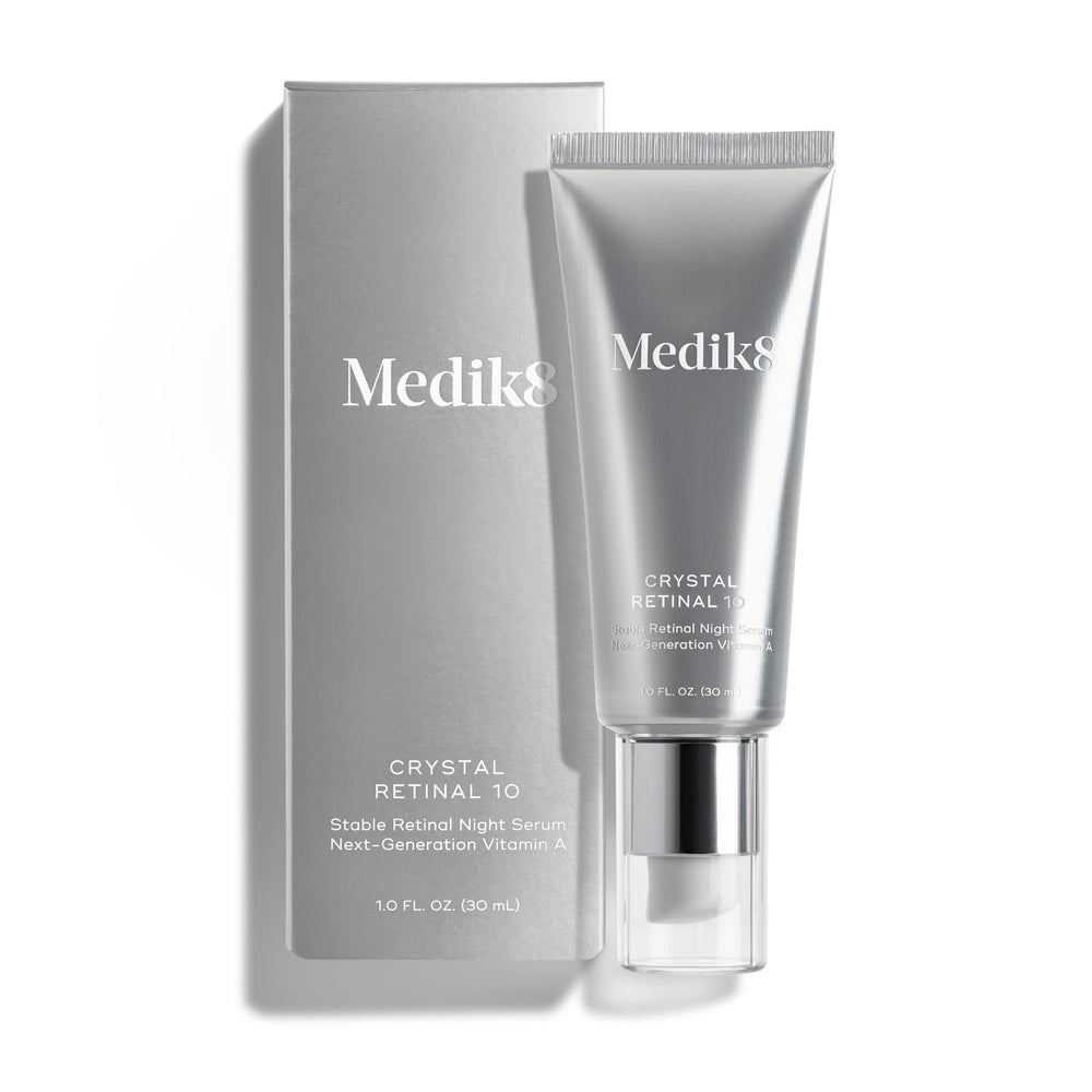Medik8 Crystal Retinal 10 bottle front, premium night serum for radiant, smoother skin.