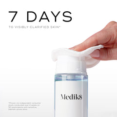 Medik8 Press and Clear toner on cotton pad for precise application and gentle exfoliation