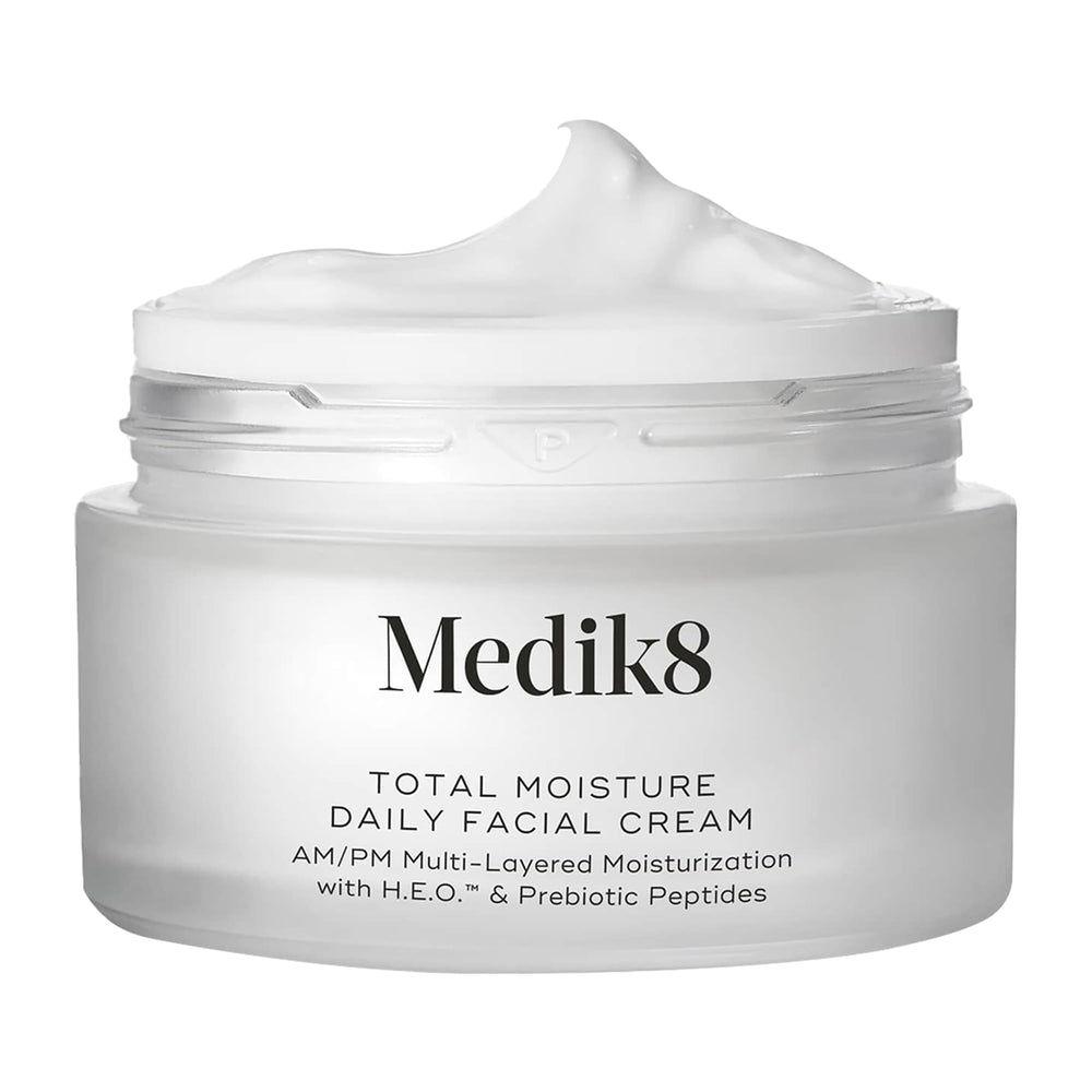 Medik8 Total Moisture Daily Facial Cream bottle demonstrates lightweight hydration for all skin types.