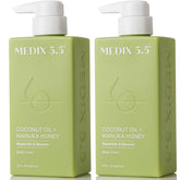Medix 5.5 coconut oil lotion bottle pour demonstrates hydrating moisture for skin.