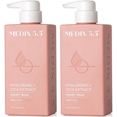 Medix 5.5 hyaluronic acid cream bottle highlights hydrating, plumping skin effects.