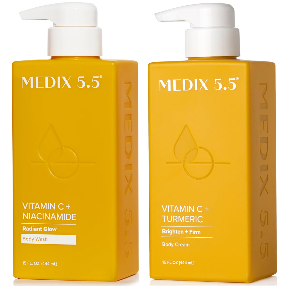 Medix 5.5 Vitamin C body wash bottle closeup shows brightening cleansing for morning routine