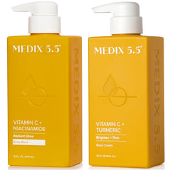 Medix 5.5 Vitamin C body wash bottle closeup shows brightening cleansing for morning routine