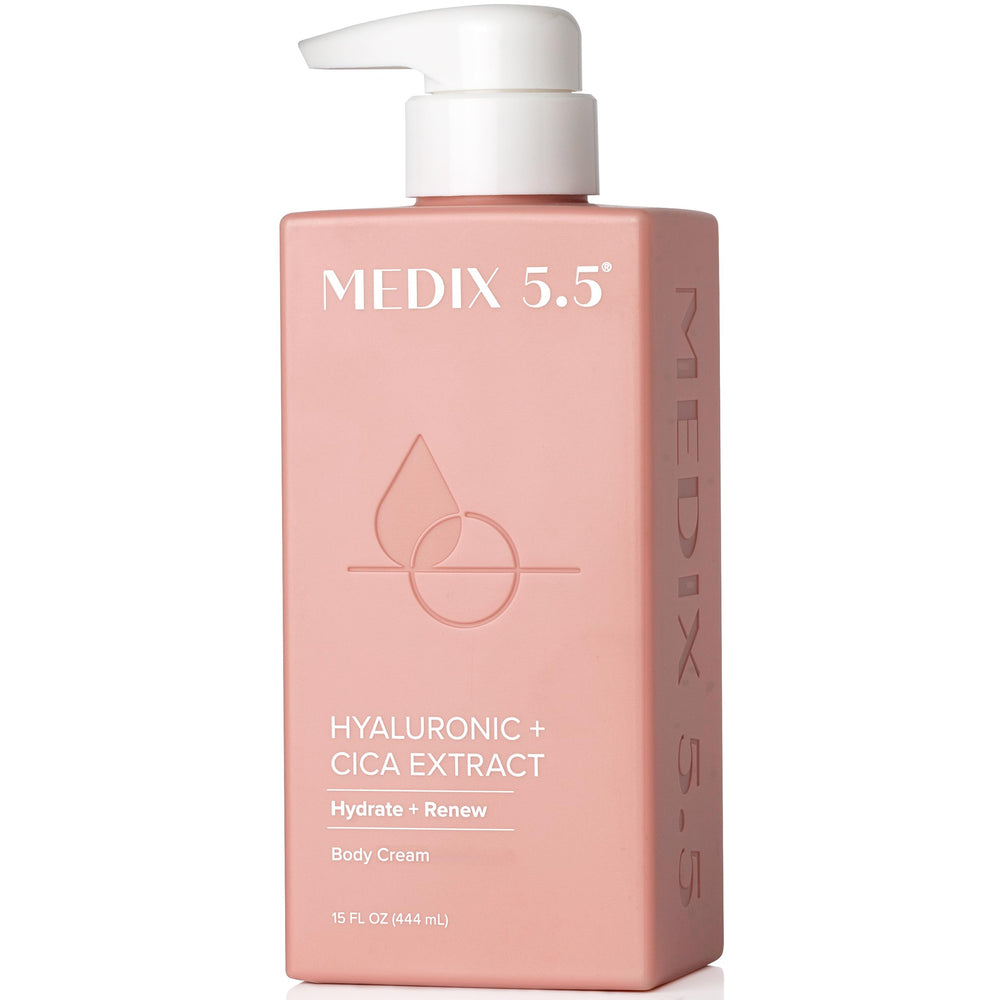 Medix 5.5 Hyaluronic Acid Cream Body Lotion bottle delivers hydrating moisture for soft skin