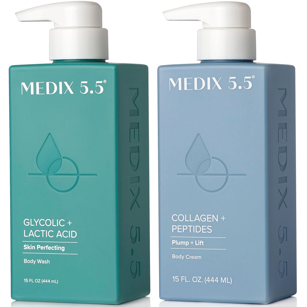 Medix 5.5 Exfoliating Wash pump bottle for foaming cleansing and smoother skin.