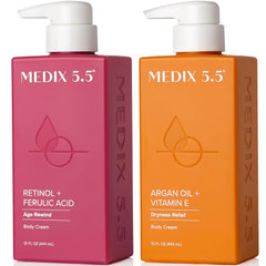 Medix 5.5 retinol body lotion bottle highlights a hydrating, smoothing formula for firmer-looking skin