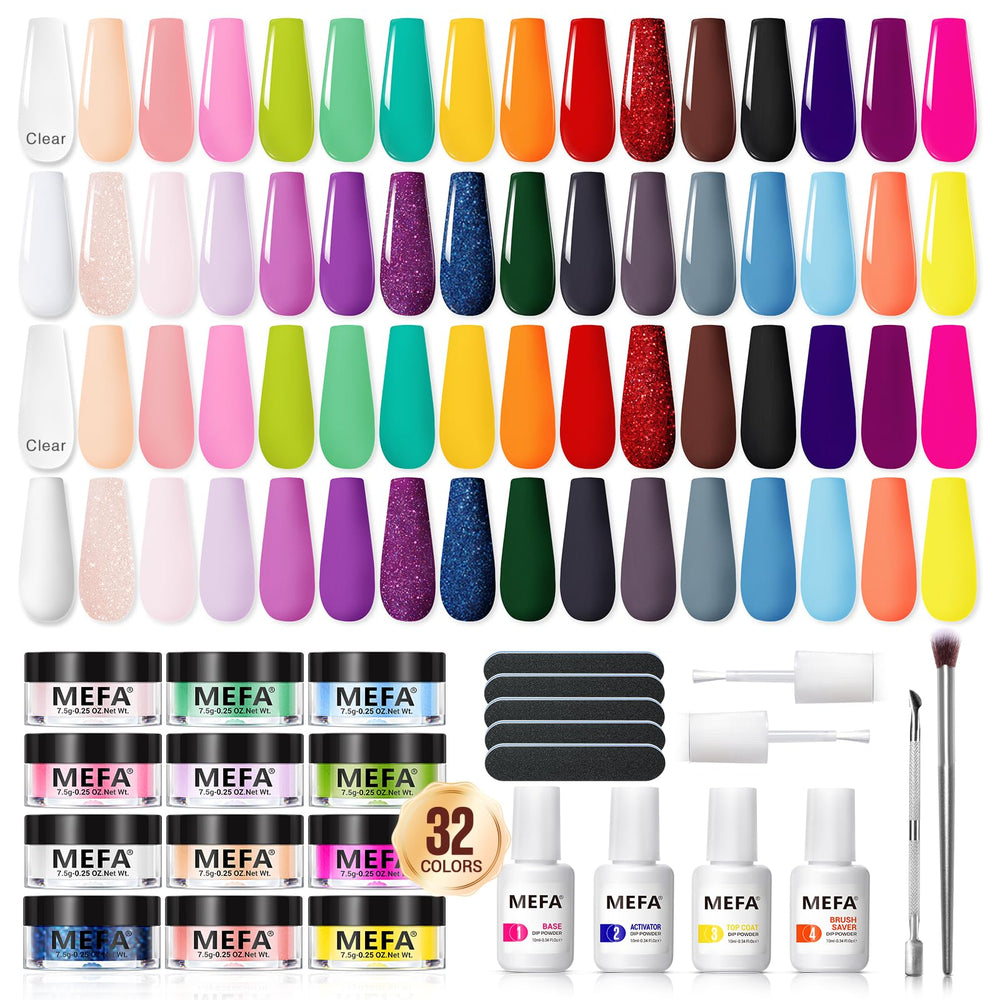 MEFA Dip Powder Kit 32 color swatches showing vibrant Spring/Summer shades for creative nails